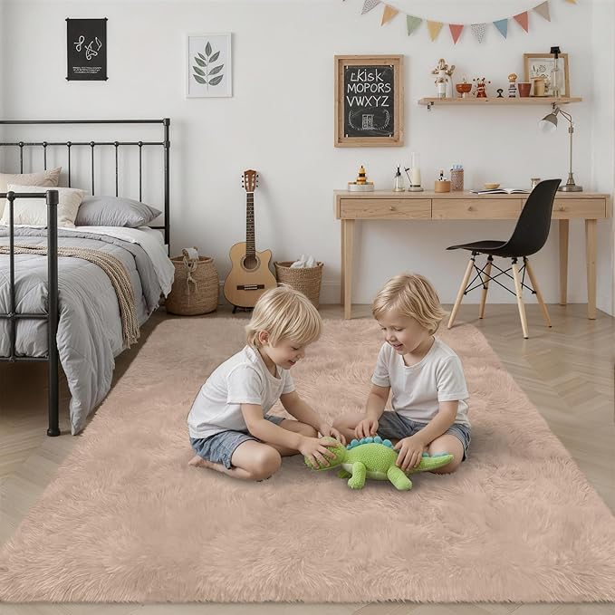Fluffy 5x7 Area Rugs for Living Room Bedroom: Ultra Soft Shag Rug Non-Slip Non-Shedding Small Plush Bedside Rug Indoor Floor Carpets for Kids Room Playroom Entryway Nursery Dorms Home Decor Beige