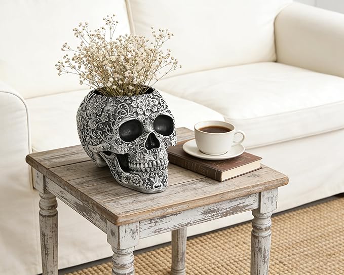 Skull Bowl Decorative Skull Vase Makeup Brush Pen Holder Organizer Dresser Gothic Table Organizer Decoration, Antique Silver Skull Pot Enthusiasts Gifts