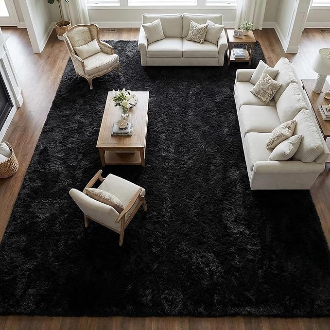 Large Area Rug for Living Room, 7x10 Soft Fluffy Shaggy Rug, Machine Washable Non-Slip Plush Fuzzy Indoor Carpet, Aesthetic Home Decor for Bedroom, Kids Room, Nursery, Dorm, Black