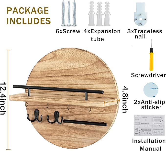 dreampossible Key Holder for Wall Decorative with Shelf and Hooks, Mail Organizer Wall Mount with Sunglasses Holder, Circular Design Entryway Key Rack Hanger, Rustic Home Decor