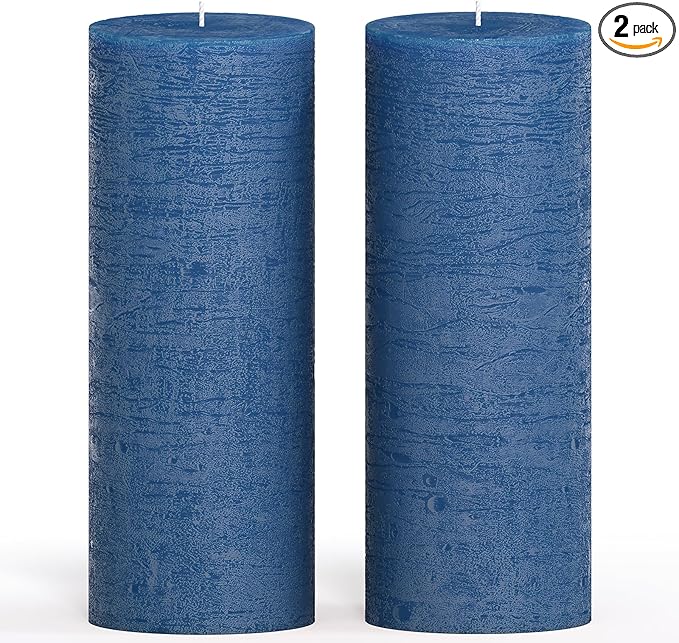 CANDWAX Dark Blue Pillar Candles 3x8 Inch – Set of 2 Unscented Dripless Large Candles, Rustic Style for Weddings, Home Decor, Events