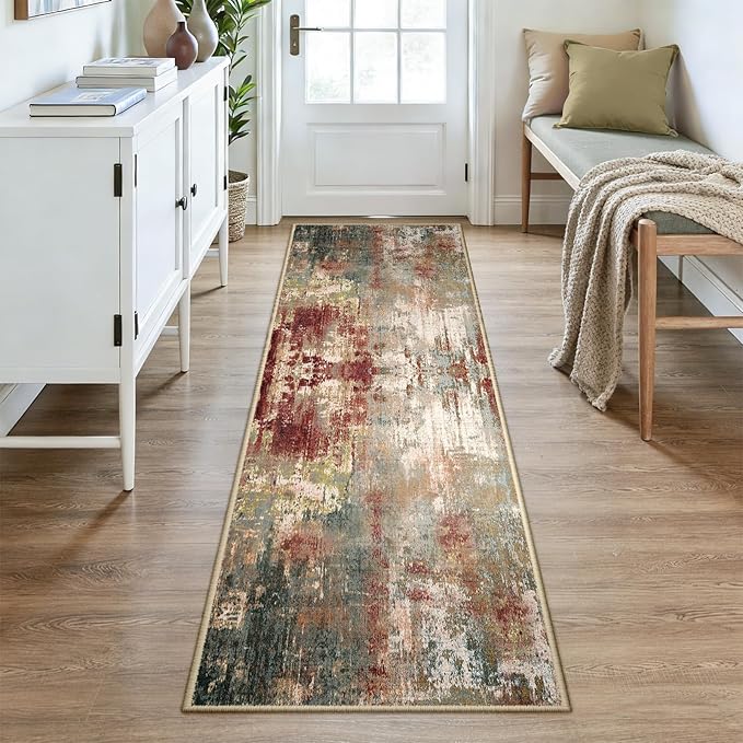 RELEANY Washable Area Rugs 2'6"x8 Non-Slip Modern Abstract Soft for Living Room Entryway Bedroom Nursery, Print Pattern, Brown Rust Red Green Blue Multi