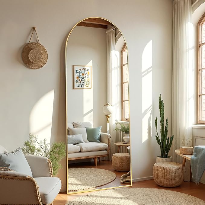 Arched Full Length Mirror 65"x24" - Floor Standing Body Mirror with Aluminum Frame,Leaning Hanging for Bedroom Cloakroom Living Room Gold