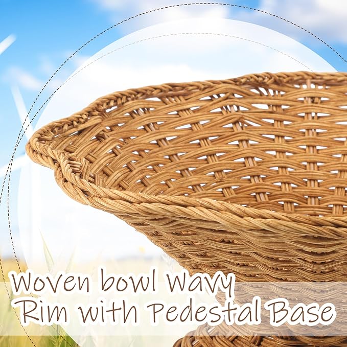 LemonRoad Rattan Fruit Bowl 12.6''x12.6''x6'' Large Round Decorative Kitchen Wicker Basket Wavy Rim Storage Bowl with Pedestal Base for Fruit Bread Storage Organization, Dining Table Centerpiece