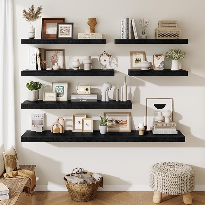 Fun Memories 72 Inch Fireplace Mantel Shelf, 12 Inch Deep Shelves for Display & Wall Storage, Rustic Wood Wall Shelf, Extra Long Floating Shelves for Living Room Laundry Room, Black, Set of 1