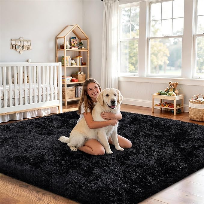 5x7 Area Rug for Living Room:Ultra Soft Fluffy Shag Black Rugs,Large Fuzzy Plush Indoor Non Slip Carpet Washable Rug for Bedroom Kids Nursery Office Dorm Modern Decor(Black 5'x7')