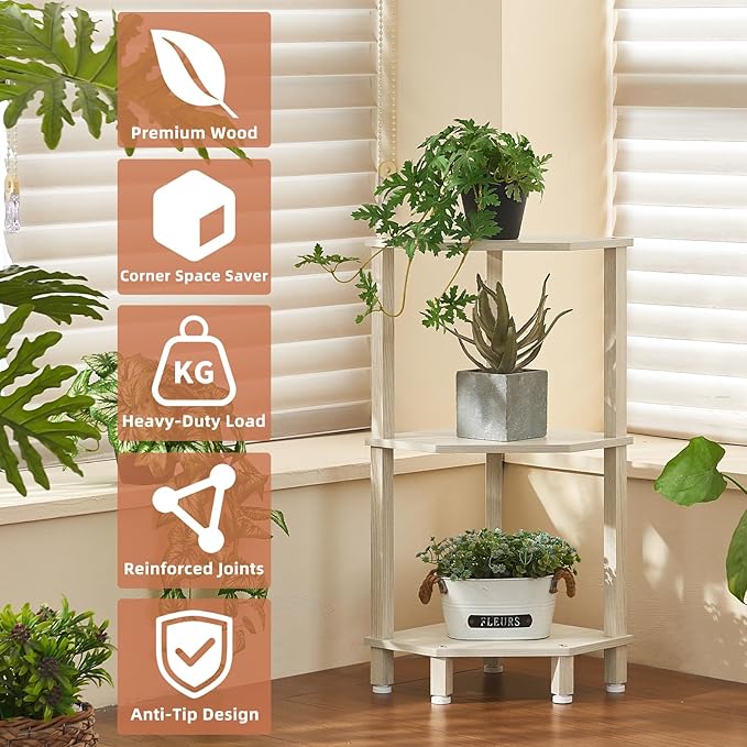YUFAM 3-Tier Corner Shelf with Sturdy 5-Leg Base, 29in Tall Narrow Bookcase for Small Spaces, Wooden Plant Display Shelf, Thin Bookshelf for Living Room, Bedroom, Office, Grey White