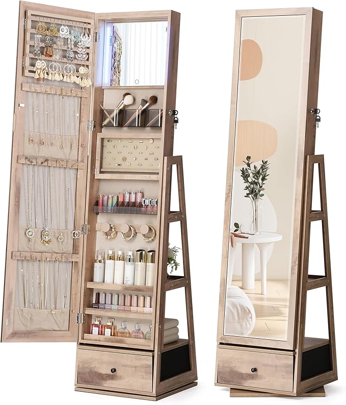 Nicetree 360° Swivel Jewelry Cabinet with Lights, Touch Screen Vanity Mirror, Rotatable Full Length Mirror with Jewelry Storage, Standing Jewelry Armoire Organizer, Foldable Makeup Shelf, Oak