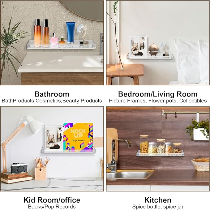 4 Pack Acrylic Shelves for Bathroom Wall with Adhesive,No Drilling Floating Shelves,Room Decor, Wall Shelf Organizer for Collectibles,Makeup,Perfume,Invisible Bookshelf