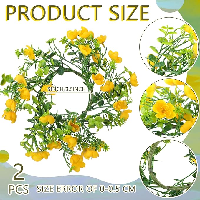 Daifunli 2 Pcs Spring Summer Faux Primrose Flowers Candle Rings Artificial Silk Yellow Flower Farmhouse Wreaths for Pillar 3.9 Inch Candles Holder for Spring Summer Rustic Table Centerpiece Decor