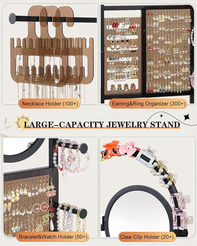 Mirror Jewelry Cabinet Standing, Jewelry Organizer and Storage with Jewelry Mirror, Jewelry Armoire with Earring Organizer Necklace Holder Bracelet Display, Large Tall Stand Up Jewelry Box Stand Tree
