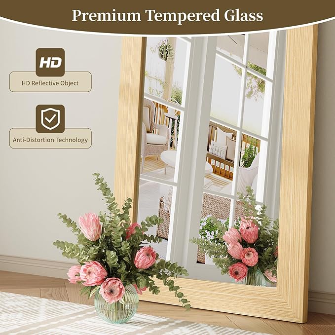 Syndra Modern Full Length Mirror Wood Frame, 56x20'' Large Floor Mirror with HD Tempered Glass & Wall Mount Option, Rectangular Standing Mirror for Bedroom, Living Room, Entryway, Farmhouse(Natural)