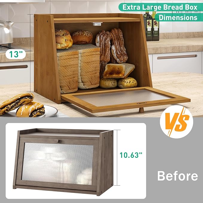 kiplant Large Bread Box for Kitchen Counter, Brown Bamboo Bread Storage Container with Wavy Arcylic Transparent Door, Bamboo Wooden Farmhouse Bread Box for Your House