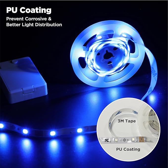 BestLuz Battery Operated LED Strip Lights 2X 3.33ft Flexible Blue LED Light Strip for Bedroom Room Decor, Battery Powered Lighting for Cabinet Shelf Closet TV Backlight