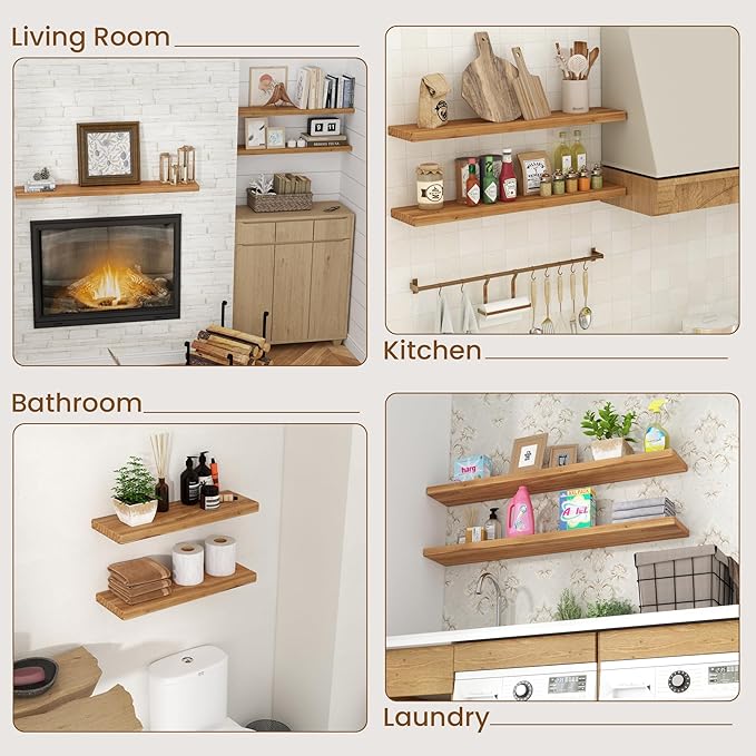 Floating Shelves for Wall, 24"Wx8"D Rustic Solid Elm Wood Floating Shelves Wall Mounted, Round Edge Wall Shelves with Invisible Bracket for Living Room Bathroom Bedroom Kitchen, Set of 2, Natural