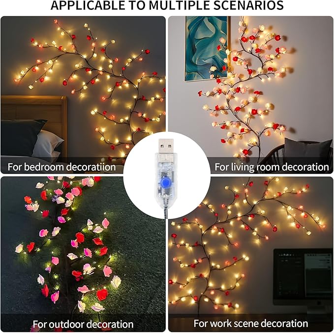 FNHMSL Rose Blossom Enchanted Willow Vine Lights, 7.55FT 144LED 3 Color Rose Blossom Tree Branch Lights for Wall, Remote Timer,8 Light Model,Bedroom Wall Doors Wedding, Christmas, USB Battery Box