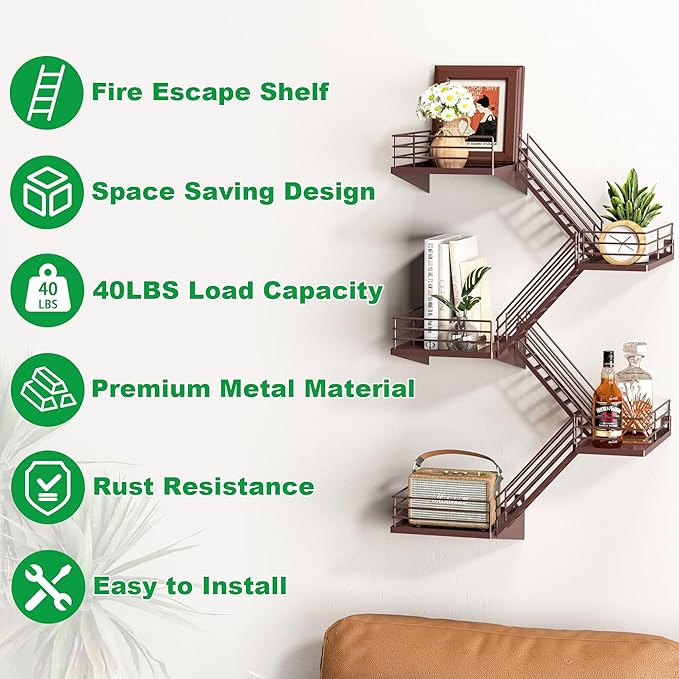 Fire Escape Shelf - 5 Tier Large Coffee Metal Fire Escape Wall Shelves with Baskets, New York Action Figurine Display Shelf, Unique Rustic Floating Decorative Wall Shelves for Home