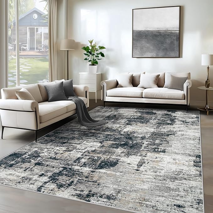 XLUEZ 6x9 Area Rugs for Living Room, Washable Modern Abstract Large Area Rug Neutral Soft Non Slip Kids Rug Stain Resistant Indoor Carpet for Bedroom Nursery Dining Room Playroom(BlackGrey, 6'x9')