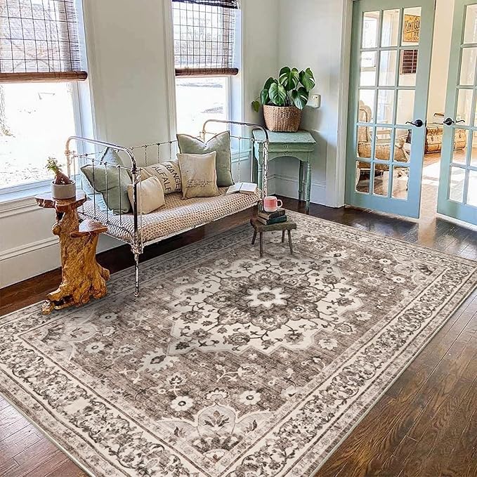 TOPRUUG Washable Oriental Area Rug - 3x5 Rugs for Living Room Soft Carpet for Bedroom Waterproof Floral Distressed Indoor Stain Resistant Non-Shedding Floor Carpets (Beige, 3X5)
