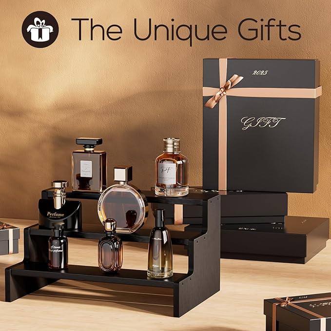 ProCase Wooden Cologne Organizer for Men, 3 Tier Perfume Organizer, Mens Cologne Stand Holder Storage, Display Riser Shelf Rack for Fragrances Candles Cosmetics Cupcake Figure Spice -Black