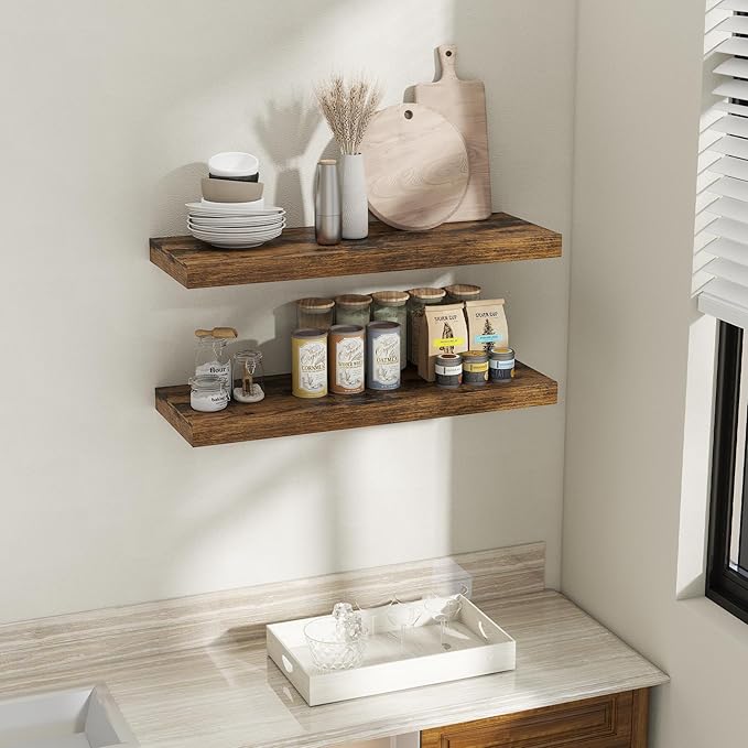 Fun Memories 36 Inch Brown Floating Shelves for Wall, 12 Inch Deep Shelves for Bathroom|Kitchen|Bedroom, Wall Mounted Rustic Wood Floating Shelf with Invisible Brackets for Books|Storage|Decor, 2 Pack