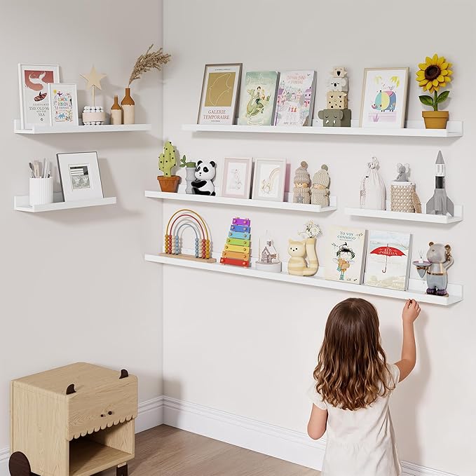 Heimlove Picture Ledge Shelf,48 inch Long Floating Shelves for Wall Set of 2,White Picture Shelf with Lip for Wall Decor,Living Room,Bedroom,Bookshelf,Nursery,Perfume