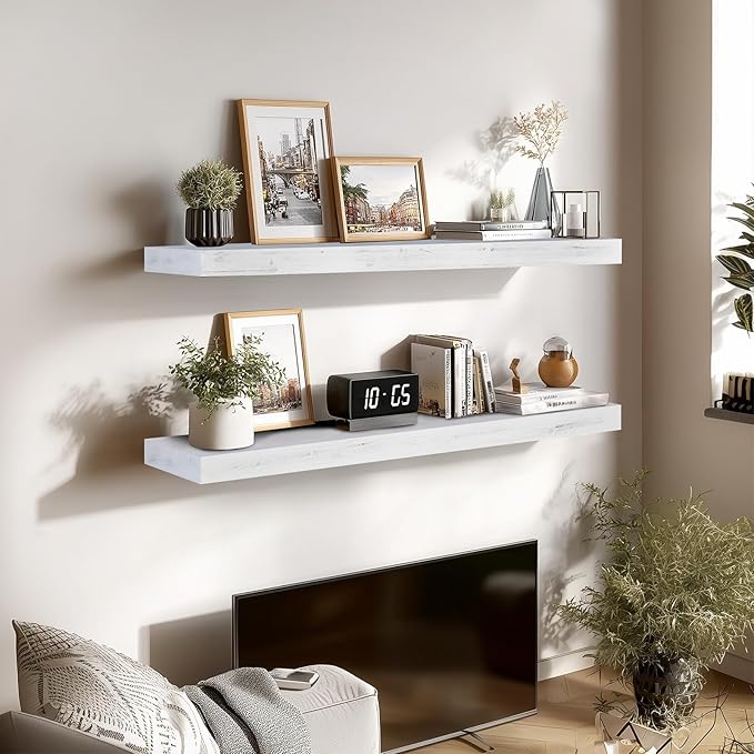 48x6.8x2in Floating Shelf – Natural White Solid Wood Rustic Mounted Shelf – Heavy Duty Decorative Storage for Living Room, Kitchen, Bathroom, Bedroom