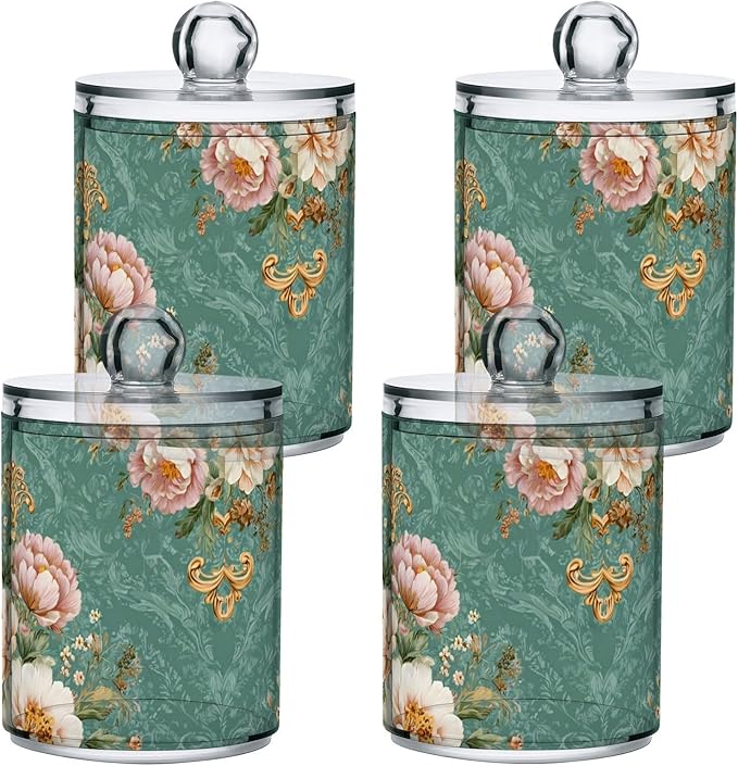 2 Pack Apothecary Jars Floral Motif Collection Green Bathroom Vanity Storage Organizer Set,Small Clear Plastic Storage Jars Bathroom Canister for Cotton Swabs, Rounds, Balls, Qtips,Makeup Spong