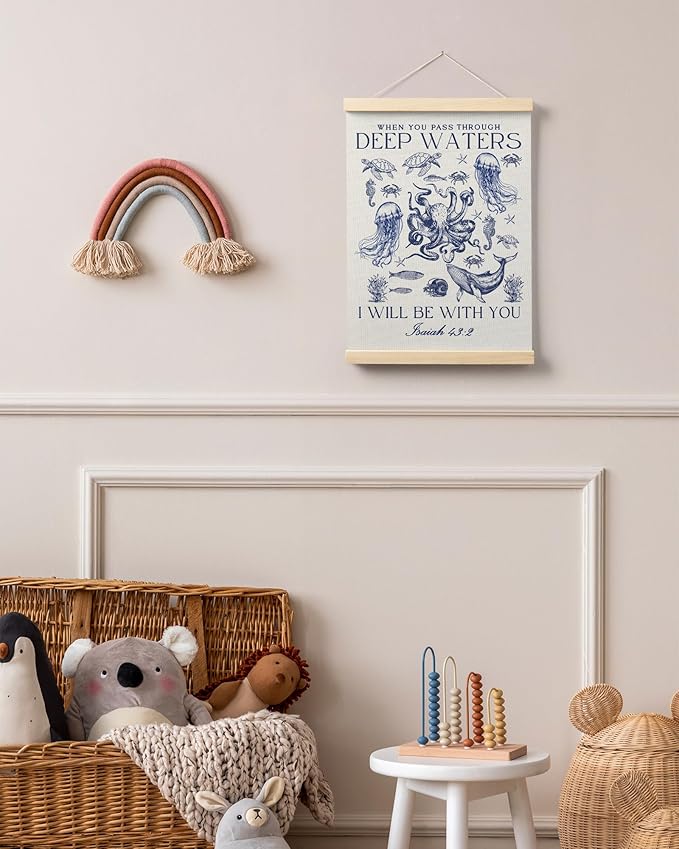FGFK Vintage Navy Blue Christian Ocean Wall Art Poster Hanger Frame, Coastal Beach Isaiah 43:2 Bible Verse Religious Canvas Prints Framed Wall Decor for Home Office, 12x16 Inch