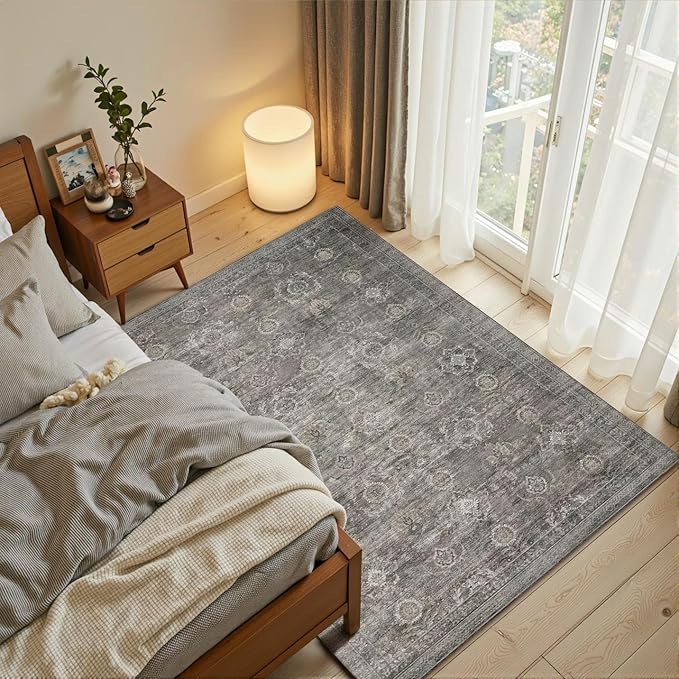 Rugxara 3x5 Rug for Entryway Bedroom, Grey 3x5 Washable Area Rug, Vintage Retro Boho Throw Rug, Non Slip & Low Pile Small Carpet for Indoor Kitchen, Bedside, Living Room, Bathroom and Dining