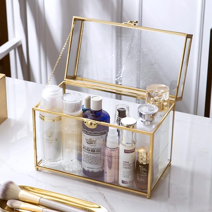 Vellon Gold Clear Glass Wedding Gift Card Box with Buckle Lock, Desktop Cosmetic Storage Organizer with Lib, Keepsake Box/Makeup Container, Golden Jewelry Box