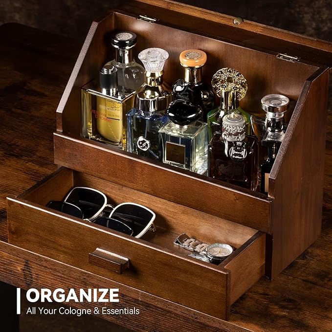 Miratino Cologne Organizer for Men - Dustproof Stand with Drawer, Wood Perfume Stand Organizer for Dresser, Large Capacity Cologne Holder Display, Great Gift for Men