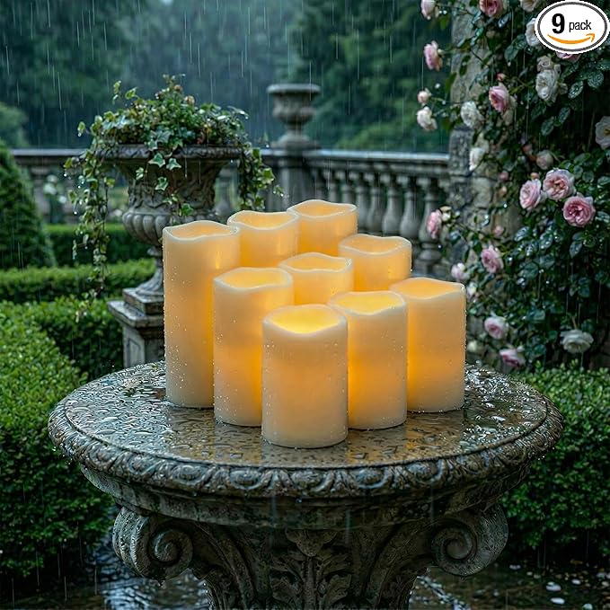 5plots 3" X 4"5" 6" Outdoor Waterproof Candles, Battery Operated Led Ivory White Flameless Candles with 10-Key Remote & Timer for Indoor Home Lantern Holiday Decor, Set of 9