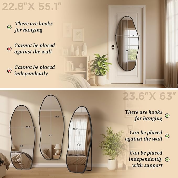 Dorlicecass Mirror Full Length - Irregular Full Body Mirror Standing or Leaning or Wall Hanging 63"x 24" Asymmetrical Aviation Aluminum Alloy Frame Unique for Bedroom, Living Room, Cloakroom, Entryway