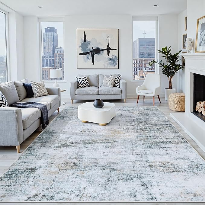 9x12 Area Rugs Washable Rug:Anti-Skid Abstract Modern Living Room Rug Soft Thin Carpets Indoor Floor Non-Shedding Carpet for Bedroom Dining Farmhouse Nursery Home Office(Blue/Grey/Gold/White, 9x12)