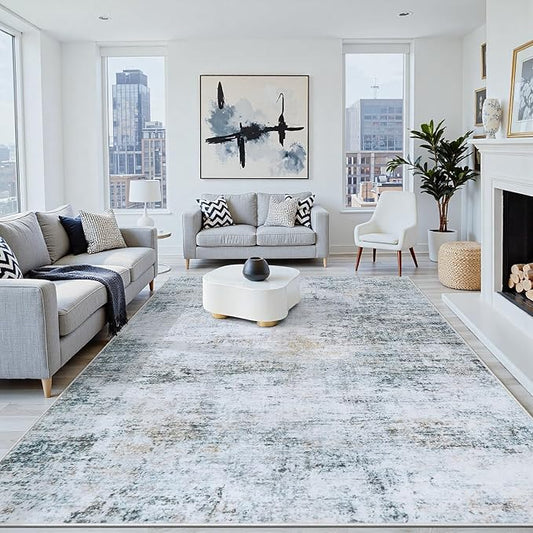 9x12 Area Rugs Washable Rug:Anti-Skid Abstract Modern Living Room Rug Soft Thin Carpets Indoor Floor Non-Shedding Carpet for Bedroom Dining Farmhouse Nursery Home Office(Blue/Grey/Gold/White, 9x12)