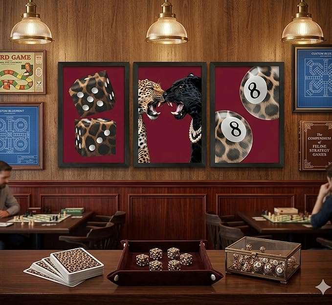 3Pcs Framed Trendy Leopard Canvas Wall Art Funky Lucky 8 Ball Pictures Wall Decor Eclectic Cheetah Preppy Aesthetic Posters Prints Paintings for Bedroom Dorm Living Bathroom Home Decoration