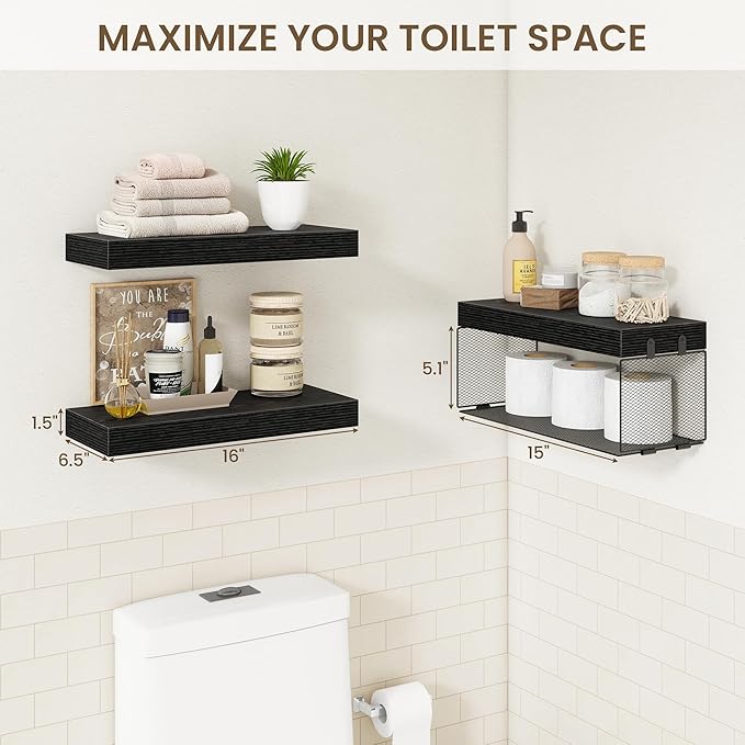 Acovy Bathroom Floating Shelves for Wall,16 inch Wall Mounted Floating Shelf Toilet Organizer and Storage,Small Farmhouse Decor Shelf,Black,Set of 3