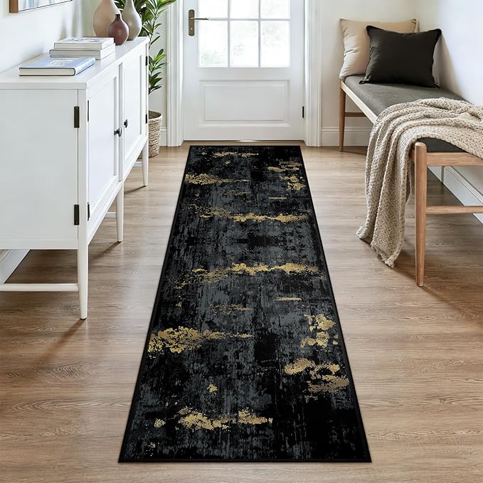 RELEANY Washable Area Rugs 2'6"x8 Non-Slip Modern Abstract Soft for Living Room Entryway Bedroom Nursery, Print Pattern, Dark Black Gold