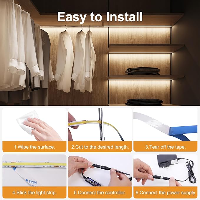 COB LED Strip Lights, 16.4Ft Dimmable White(2700K-6500K) LED Lights for Bedroom with RF Remote, 24V Ultra Bright 2800 LEDs High Density Under Cabinet Lighting for DIY TV LED Backlight Mirror Kitchen
