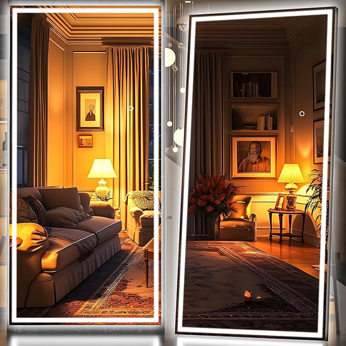 Hasipu Full Length Mirror with Lights, 95" x 40" LED Lighted Floor Standing, Full Body Dressing Hanging Mounted Mirror, Tempered Glass, Square Black