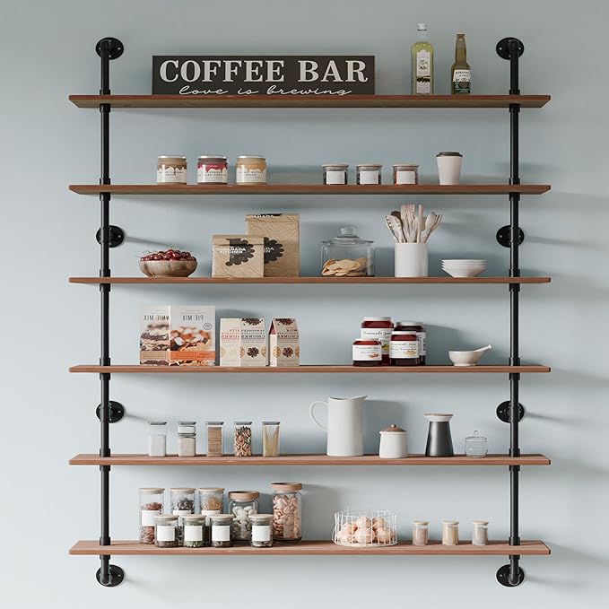 HDDFER 48 InchPipe Bookshelf Floating Shelves for Wall Shelves Bookshelf Industrial Pipe Shelving Shelves Real Wood Planks Rustic Hanging Shelves Farmhouse Kitchen Bar Shelving