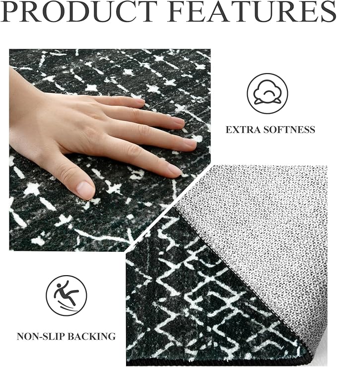 Lahome Moroccan Black Rug for Living Room Washable Area Rug 5x7 Non-Slip Ultra-Thin Soft Bedroom Rugs Large Stain Resistant Dining Room Rugs, Geometric Print Modren Carpet Rug for Office Entryway Hana