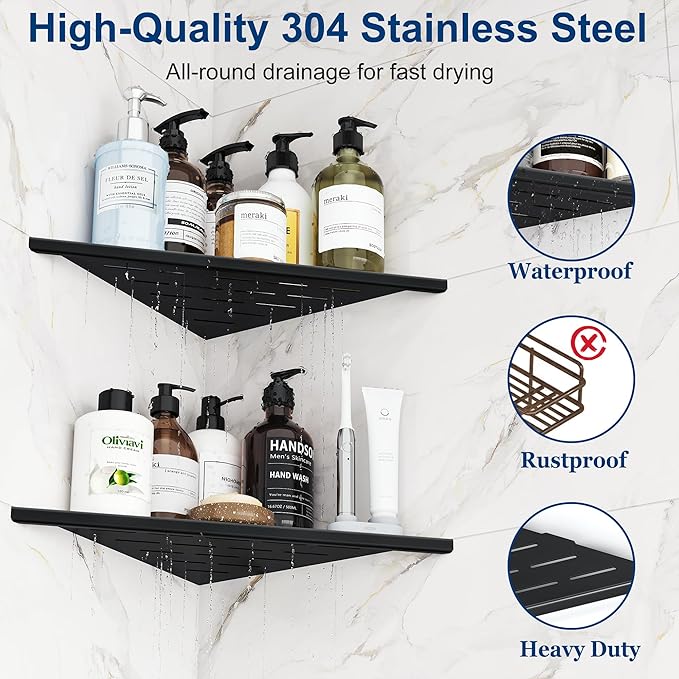 Qeke Corner Shower Shelves, 12” Recessed Tile Shower Shelf, 304 Stainless Steel Grout in Corner Tile Shower Shelves, No Drilling, Matte Black, 2 Pack