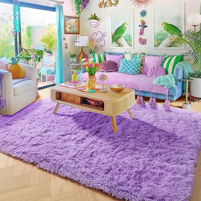 Amdrebio Purple Area Rugs for Bedroom Girls Room Decor Aesthetic, 5x7 Cute Fluffy Shag Lavender Rug for Living Room Dorm Classroom Nursery, Furry Plush Fuzzy Soft Lilac Carpet for Kids Baby Teens