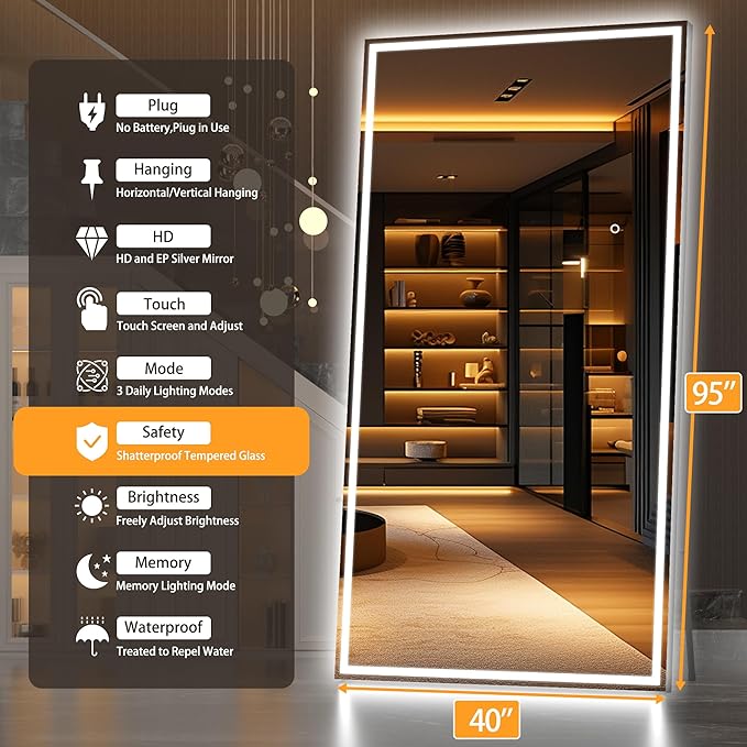 Hasipu Full Length Mirror with Lights, 95" x 40" LED Lighted Floor Standing, Full Body Dressing Hanging Mounted Mirror, Tempered Glass, Square Black