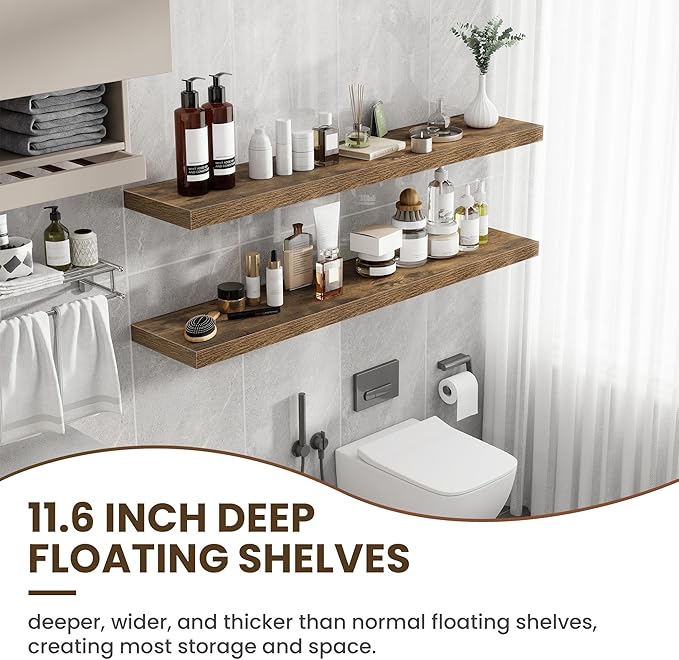 Acovy 55 Inch Floating Shelves, 12 Inch Deep Floating Shelves for Wall, Floating Shelf with Invisible Brackets, Deep Shelves for Bathroom, Bedroom, Living Room, 1 Pack, Brown