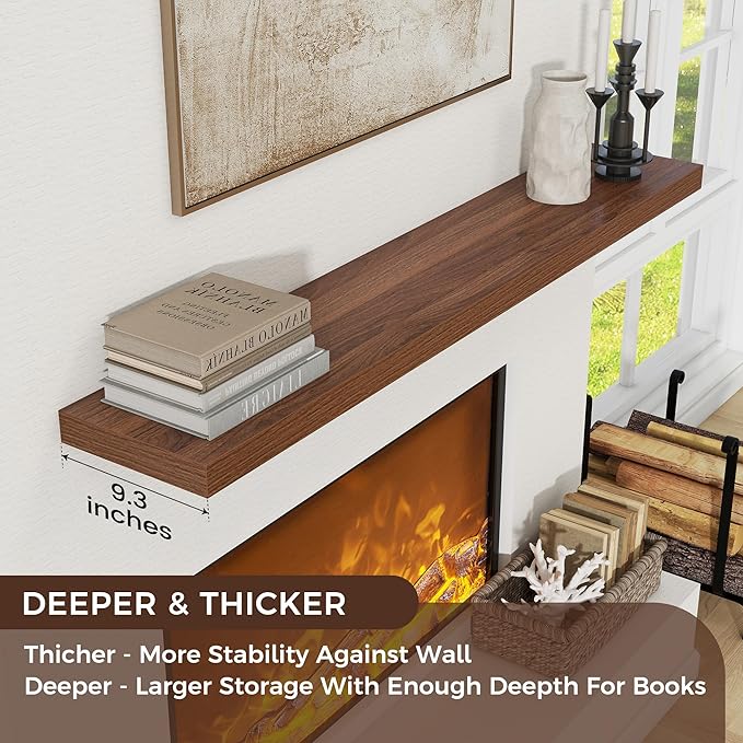 Venusmiles Floating Shelves for Wall, Engineered Wood Wall Shelves with Invisible Brackets for Living Room Bedroom Bathroom Office Kitchen Decor and Storage (Walnut, 72" W x 9" D x 1.5" H) Set of 1