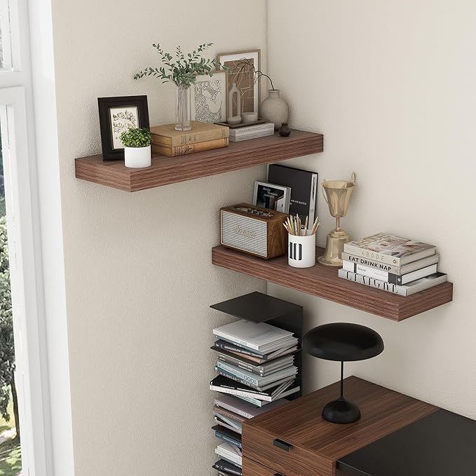 FLYJOE Deep Floating Shelves | 36 Inch Walnut Floating Shelves Set of 2 | 12 Inch Deep Rustic Wood Shelves for Wall | 36" W x 12" D Walnut Shelves for Living Room Bathroom Laundry Room Kitchen