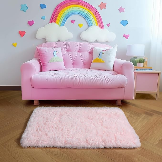 Amdrebio Pink 2x3 Mini Area Rugs for Girls Bedroom, Small Cute Fluffy Shaggy Soft Rug for Kids Room Decor, Shag Fuzzy Throw Floor Carpet for Door Entryway Reading Corner Baby Nursery Preppy Dorm